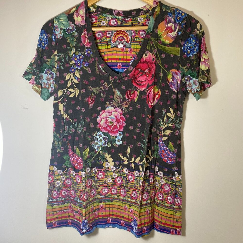 Johnny Was: V-Neck Tee in Multicolored Floral Pattern